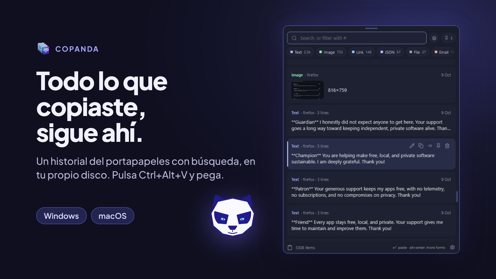 El panel de CoPanda con el historial de lo copiado